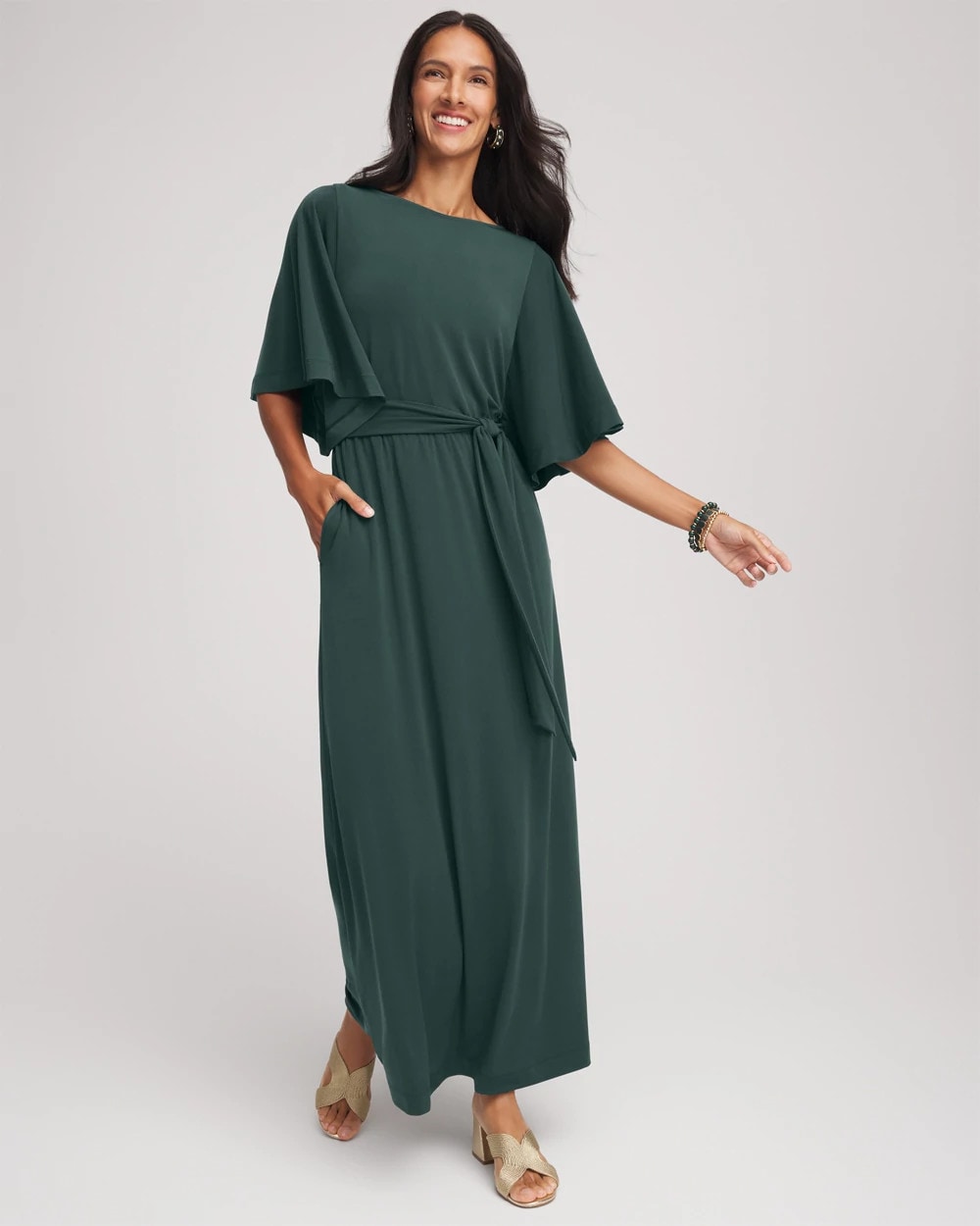 Chico's Clothing Belted Flutter-Sleeve Maxi Dress