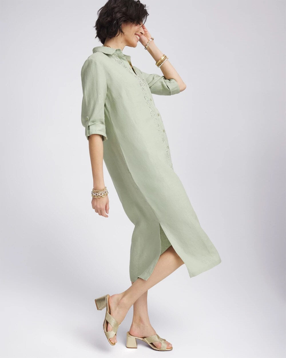 Chico's Clothing Linen Embellished Midi Shirt Dress