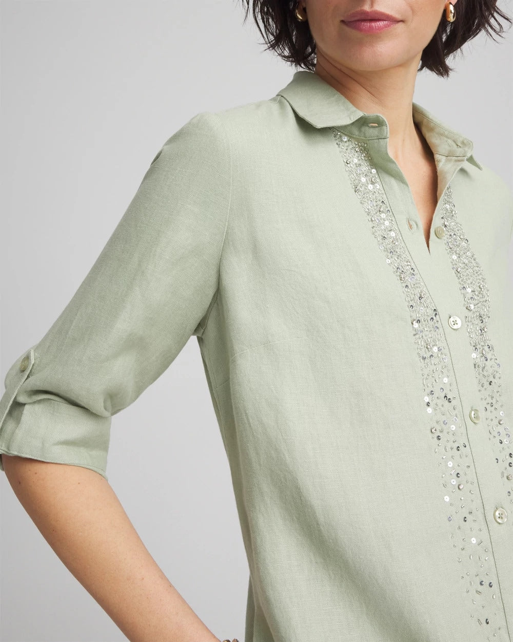 Chico's Clothing Linen Embellished Midi Shirt Dress