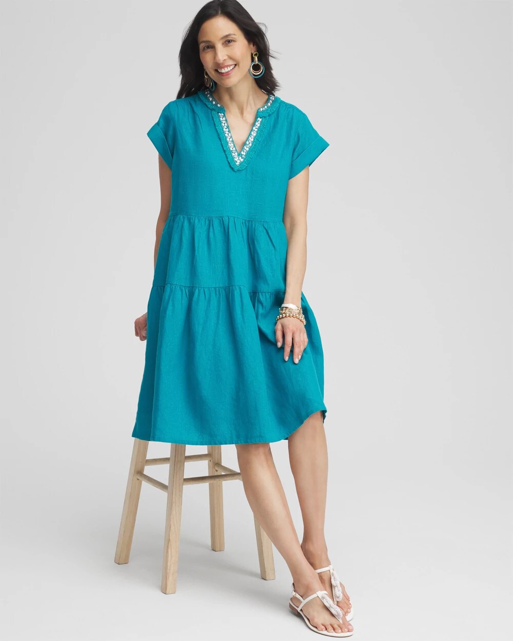 Chico's Clothing Linen Embellished Cap Sleeve Dress