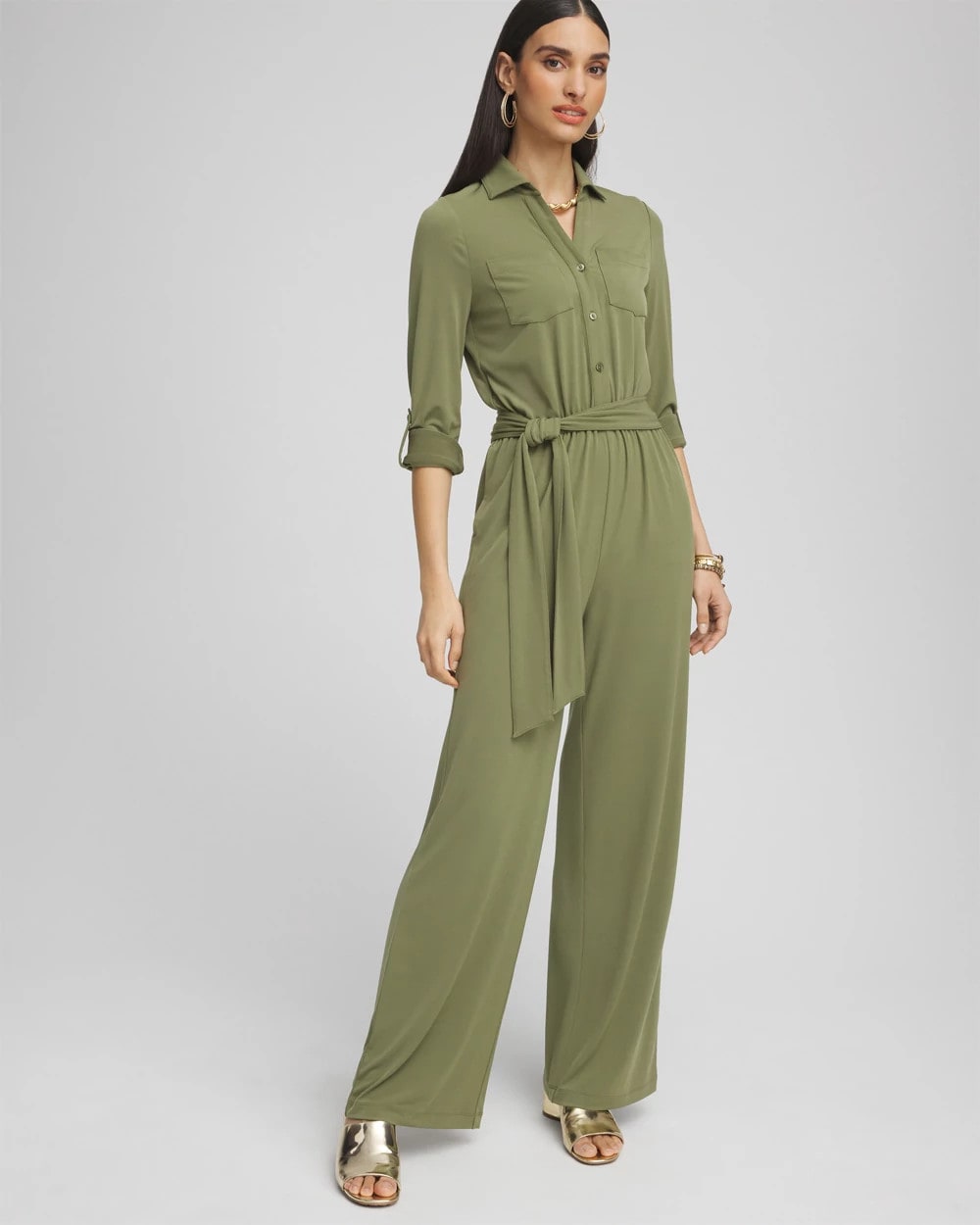 Chico's Clothing Belted Jersey Maxi Jumpsuit
