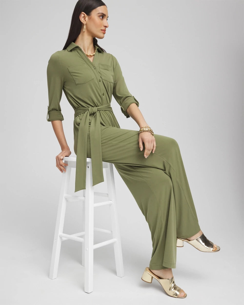 Chico's Clothing Belted Jersey Maxi Jumpsuit