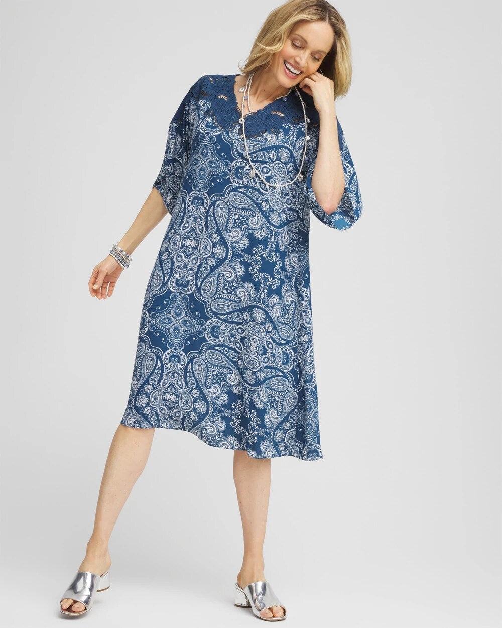 Chico's Clothing Crepe Lace-Neck Dress