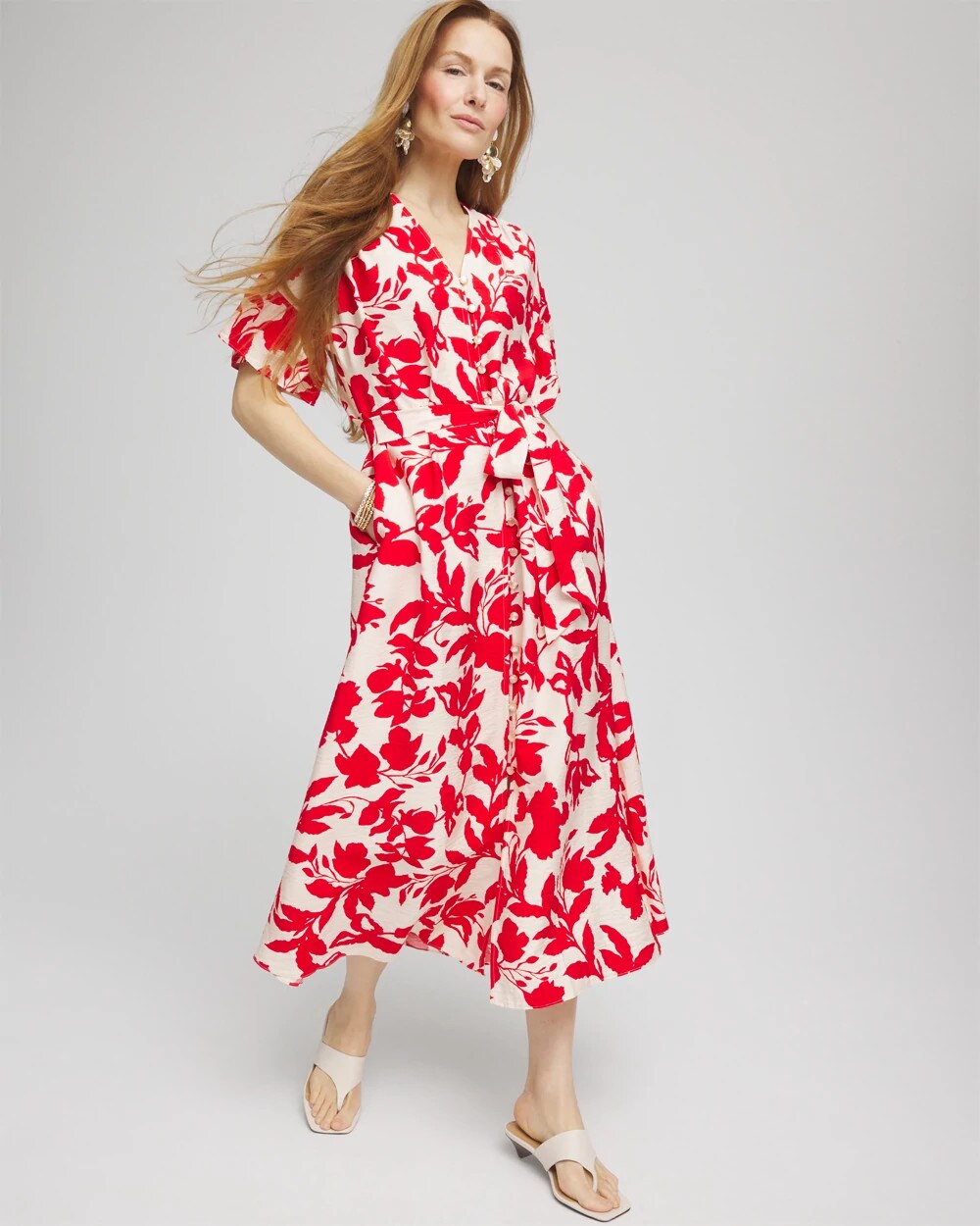 Chico's Clothing Floral Ruffle-Sleeved Midi Dress
