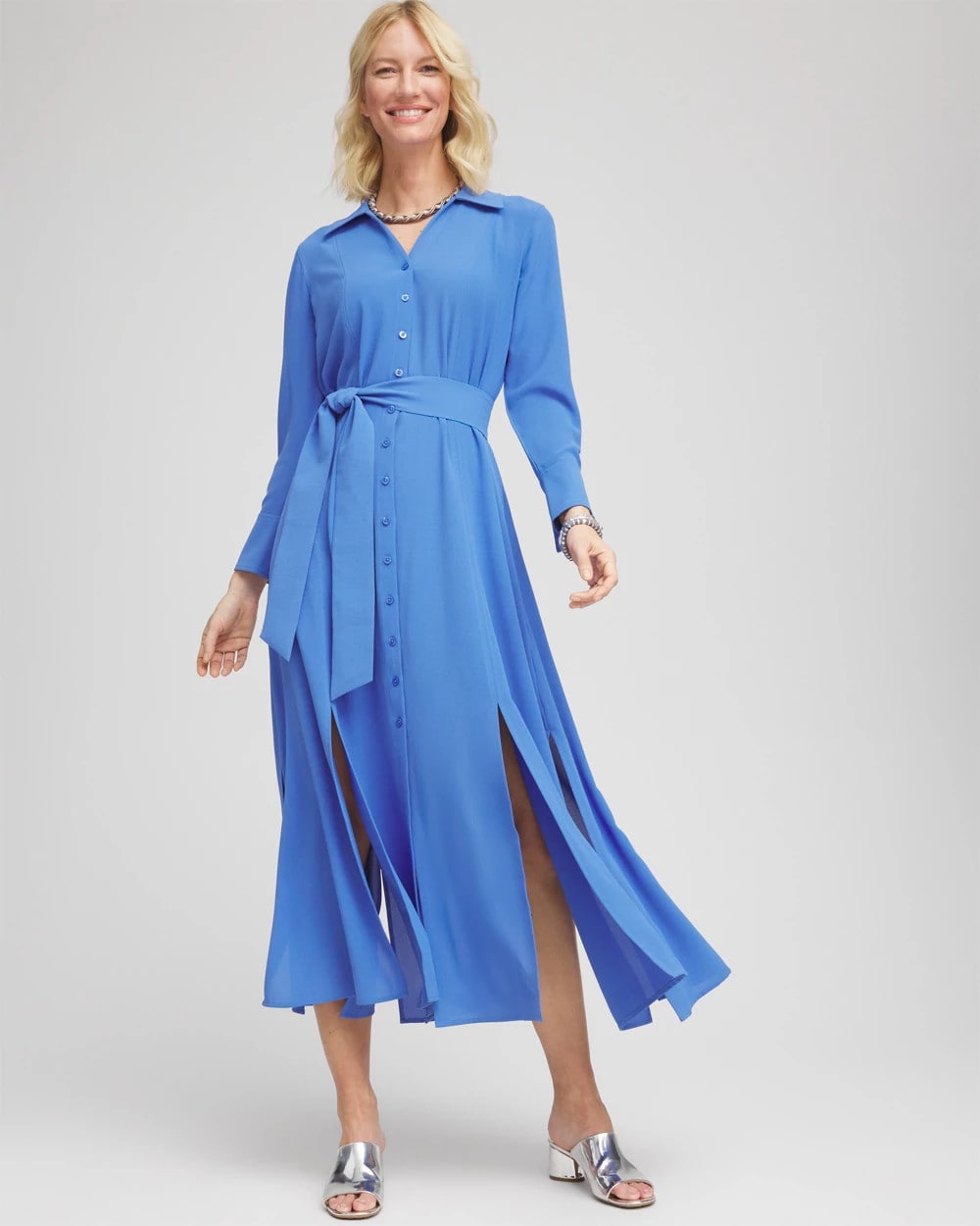 Chico's Clothing Belted Split Hem Maxi Shirtdress