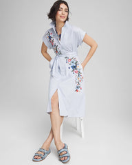 Chico's Clothing Striped Embroidered Poplin Midi Shirtdress
