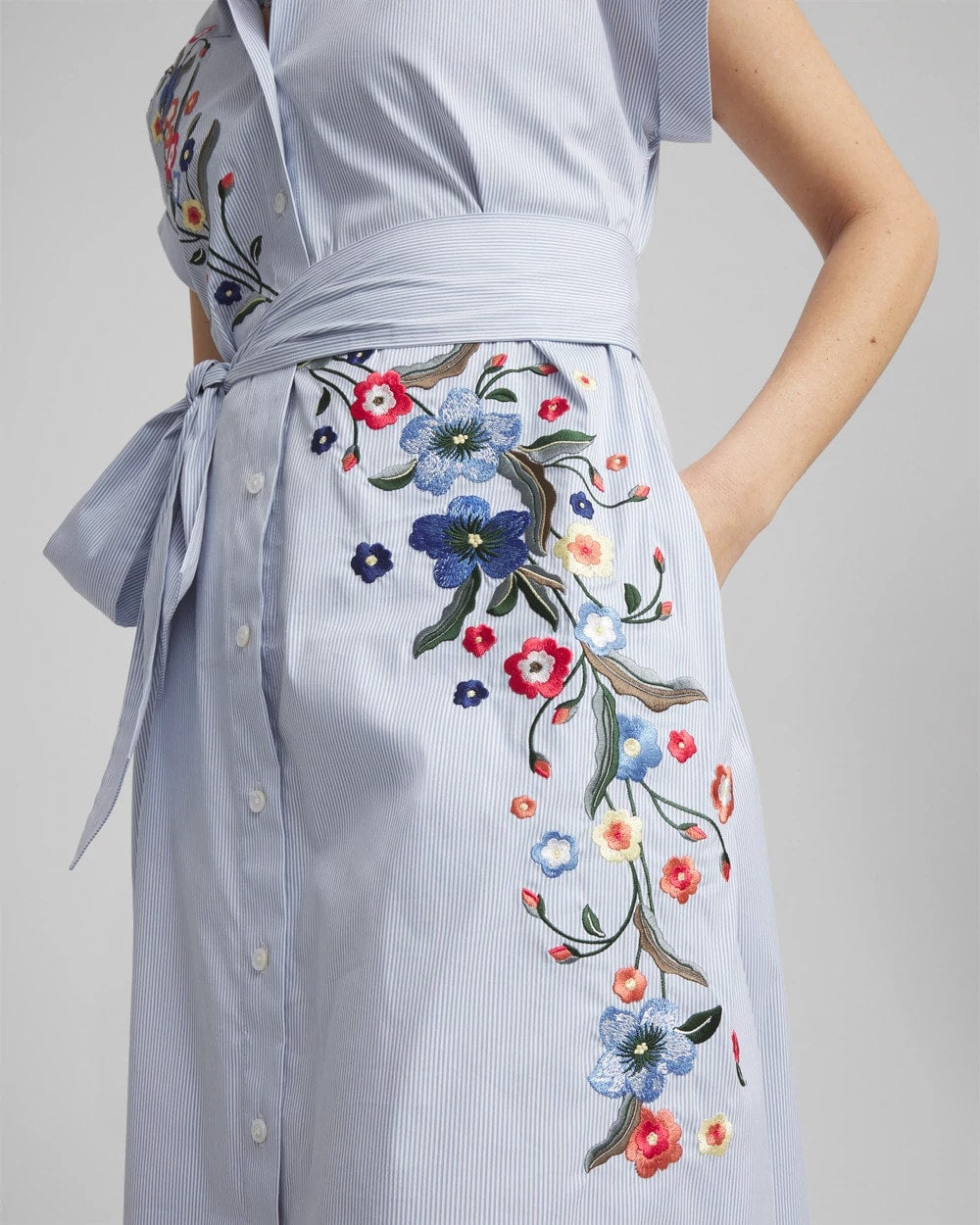 Chico's Clothing Striped Embroidered Poplin Midi Shirtdress
