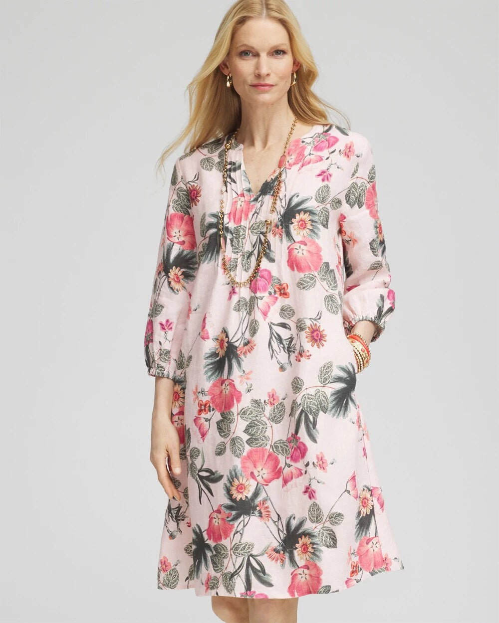 Chico's Clothing Floral Linen Pintuck 3/4 Sleeved Dress
