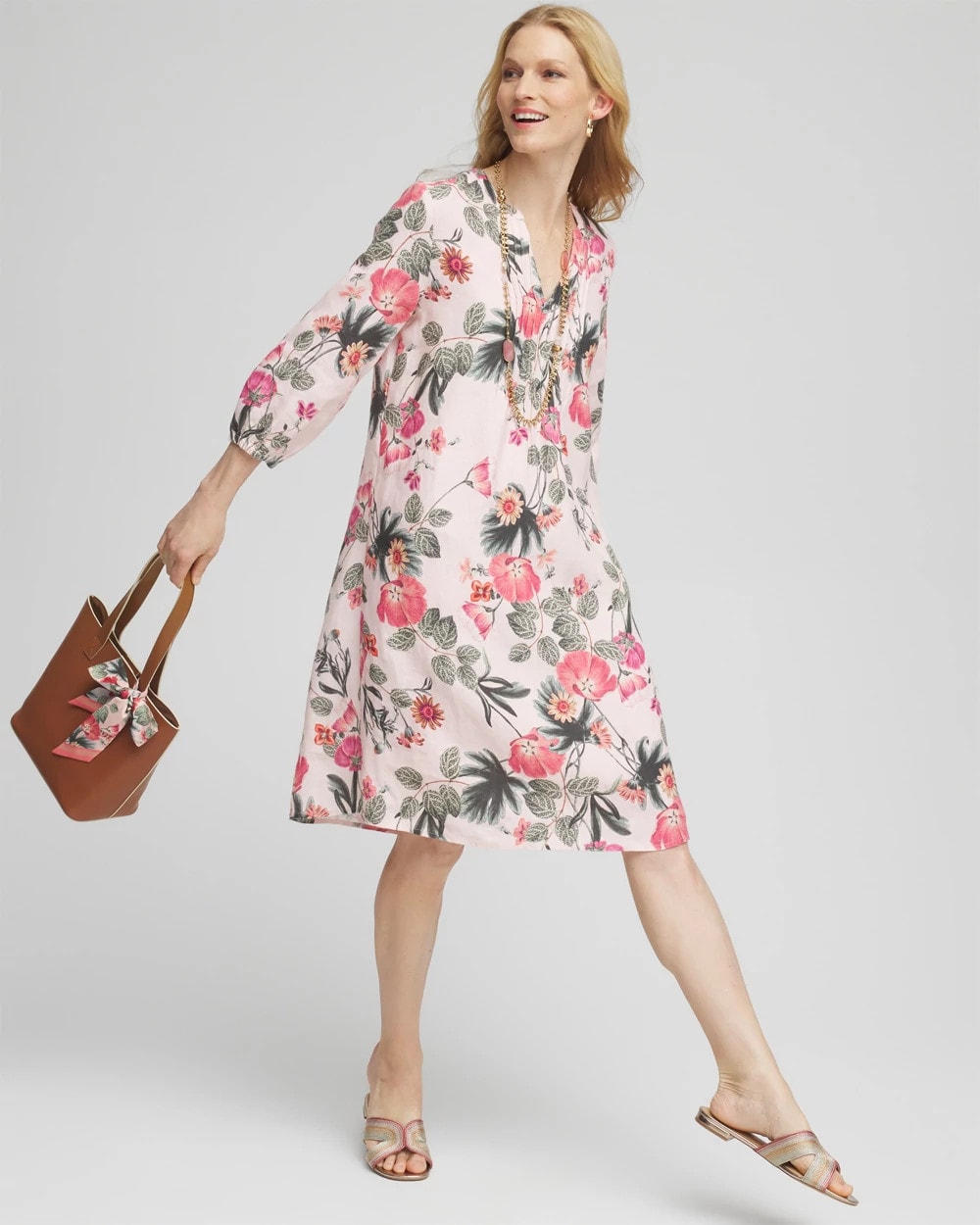 Chico's Clothing Floral Linen Pintuck 3/4 Sleeved Dress