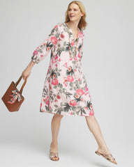 Chico's Clothing Floral Linen Pintuck 3/4 Sleeved Dress