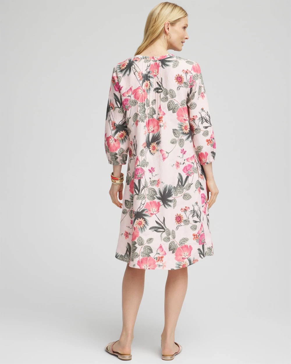 Chico's Clothing Floral Linen Pintuck 3/4 Sleeved Dress