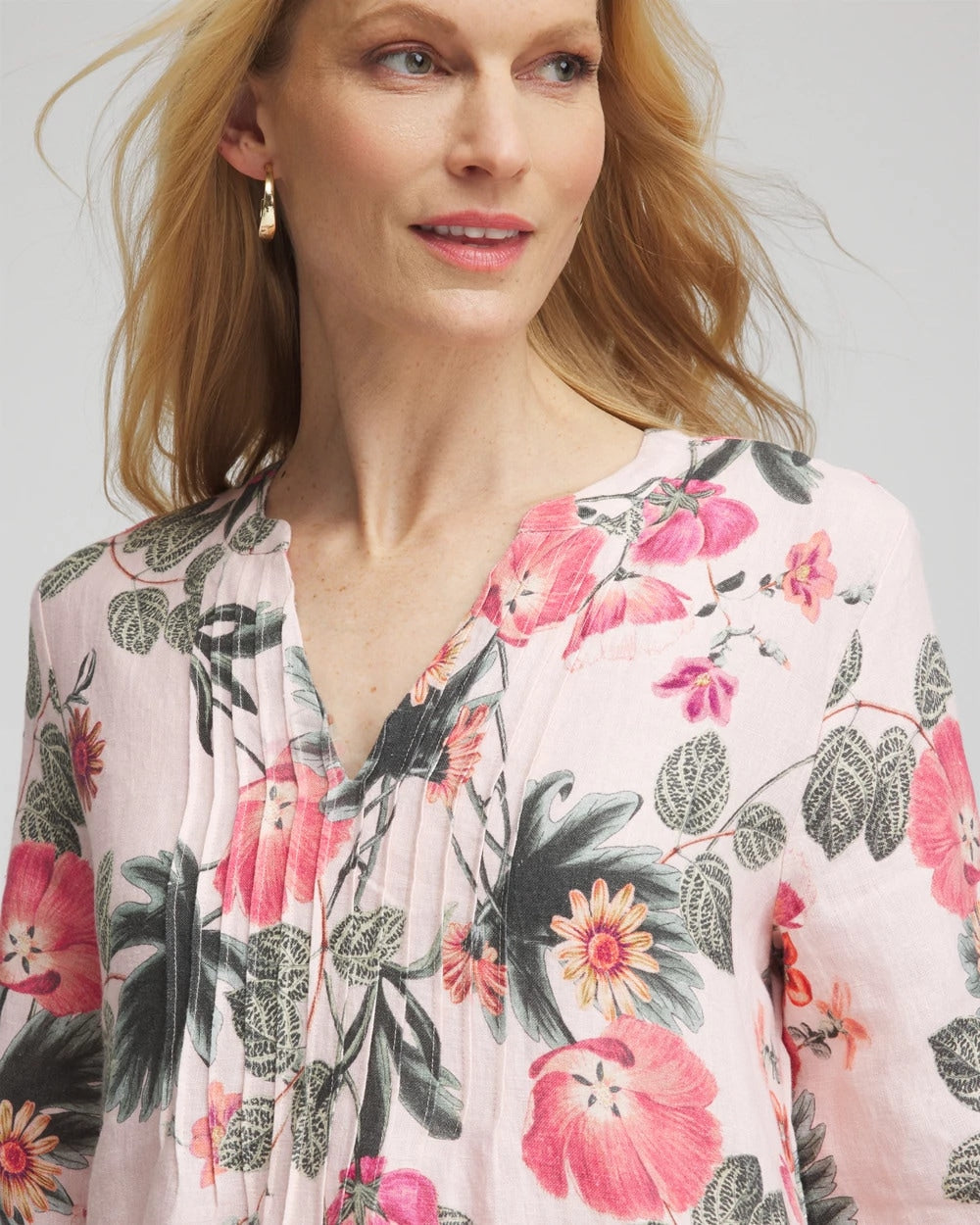 Chico's Clothing Floral Linen Pintuck 3/4 Sleeved Dress