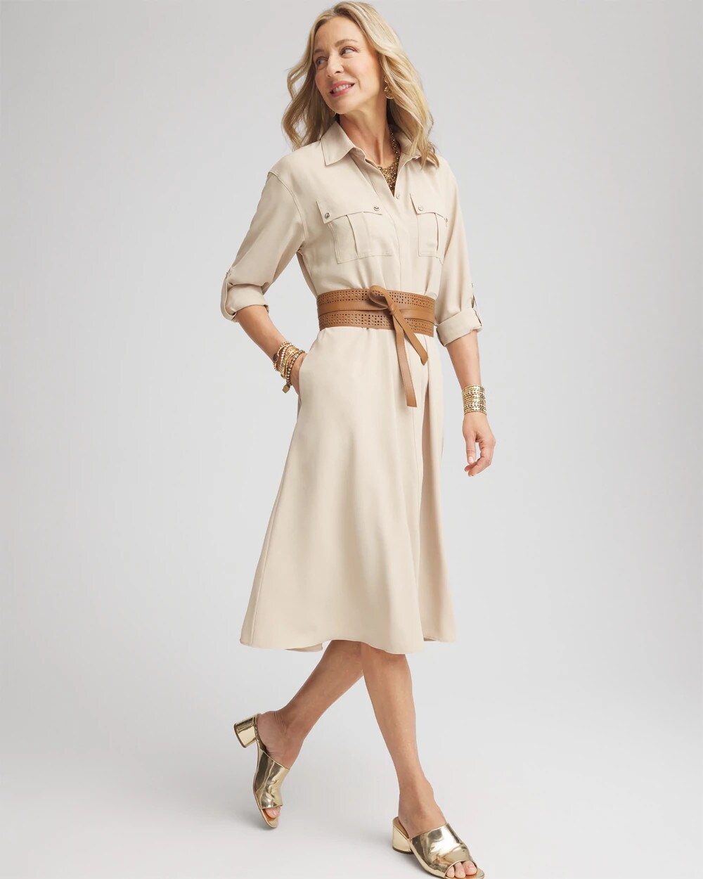 Chico's Clothing Twill Belted Midi Shirtdress