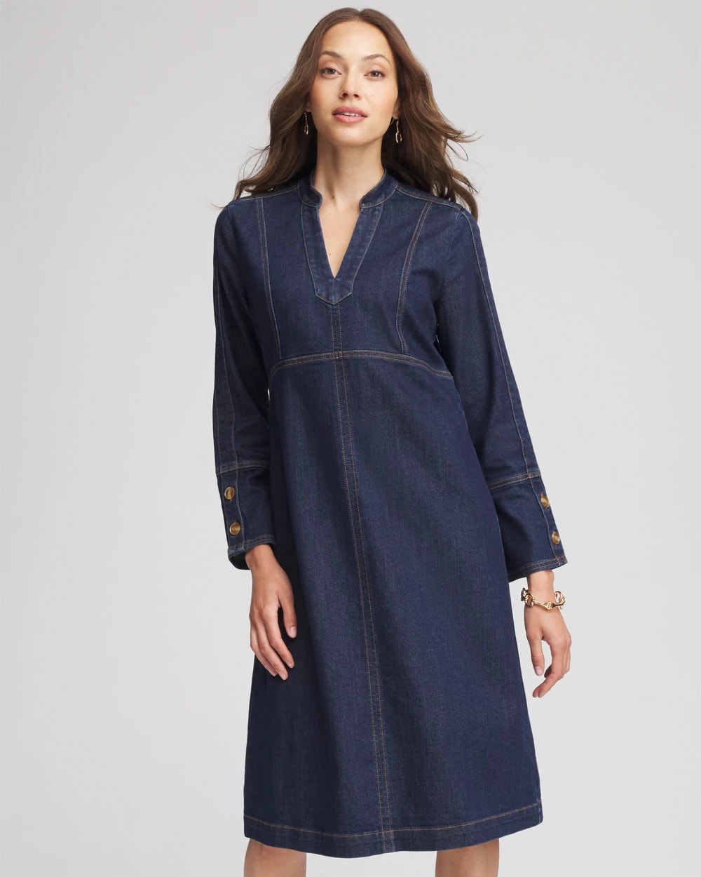 Chico's Clothing Denim Splitneck Knee-Length Dress