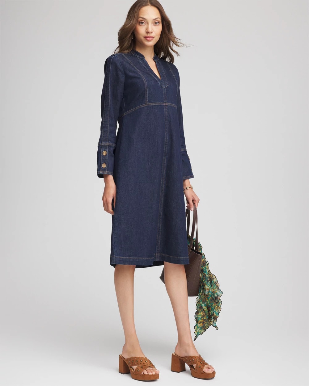 Chico's Clothing Denim Splitneck Knee-Length Dress