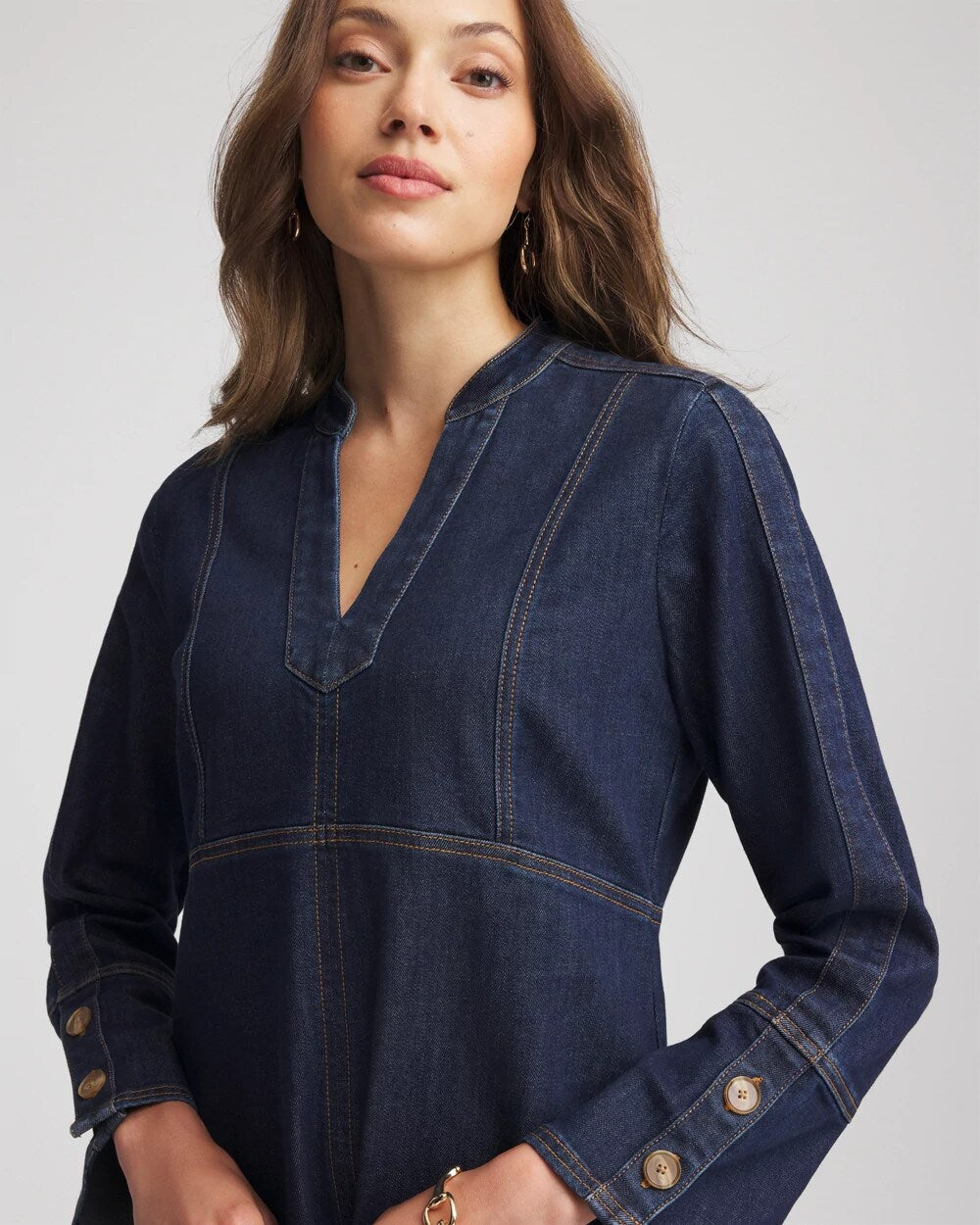 Chico's Clothing Denim Splitneck Knee-Length Dress