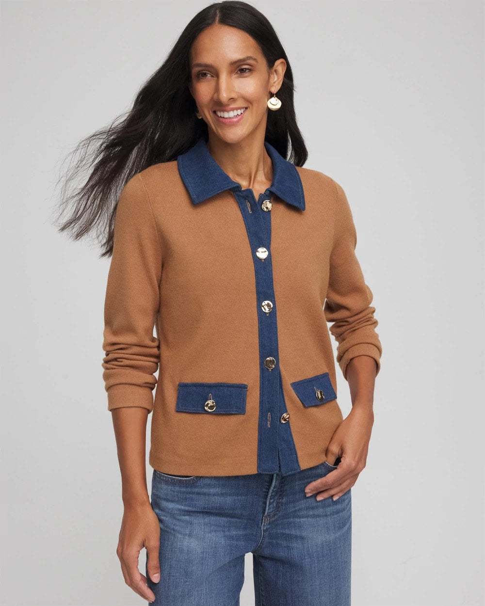 Chico's Clothing Collared Denim Trim Cardigan