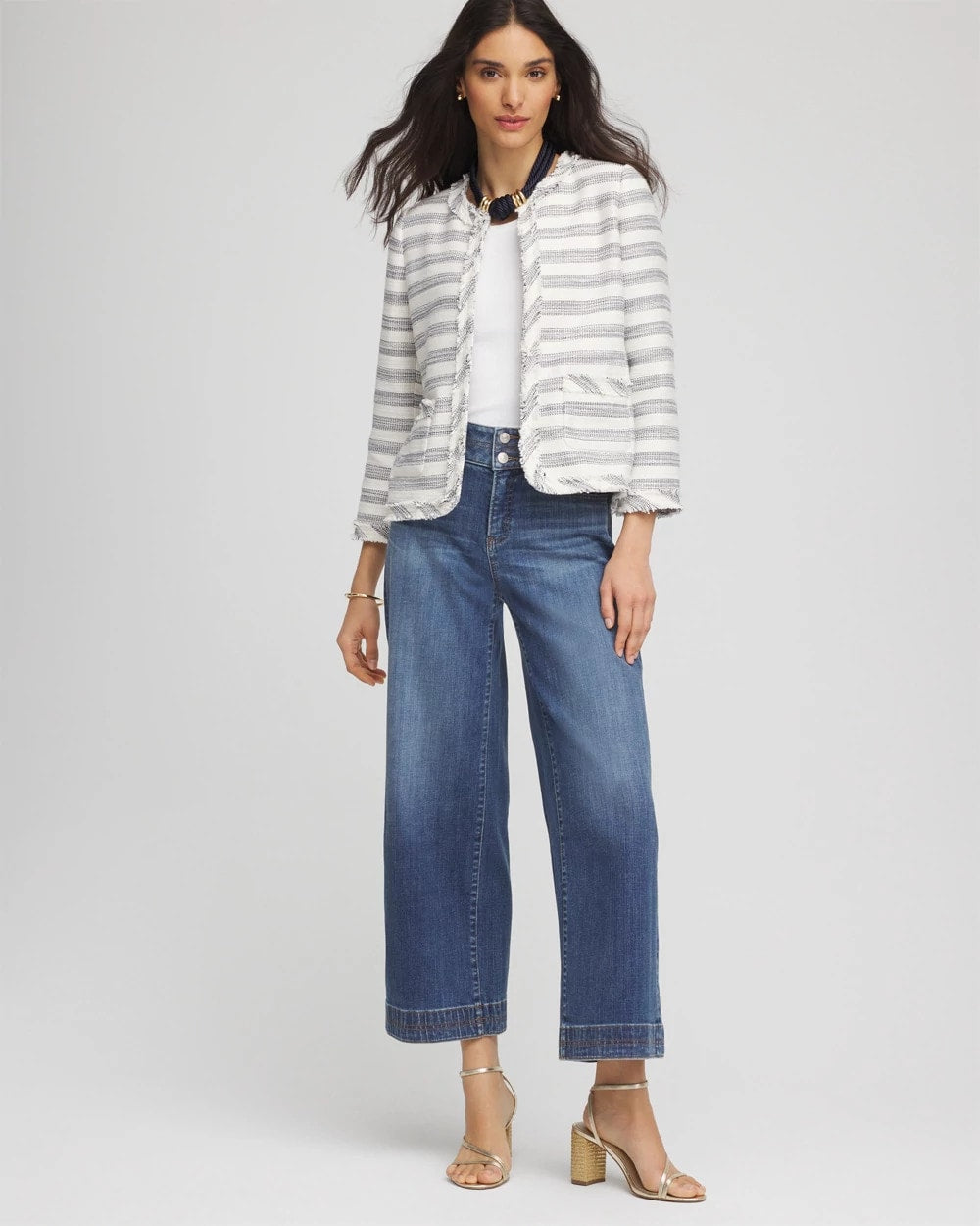 Chico's Clothing Striped Tweed Collarless Box Jacket