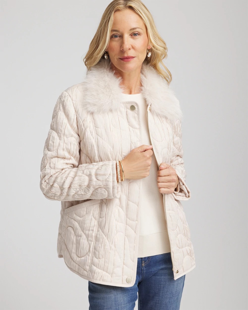 Chico's Clothing Quilted Faux Fur Collar Jacket