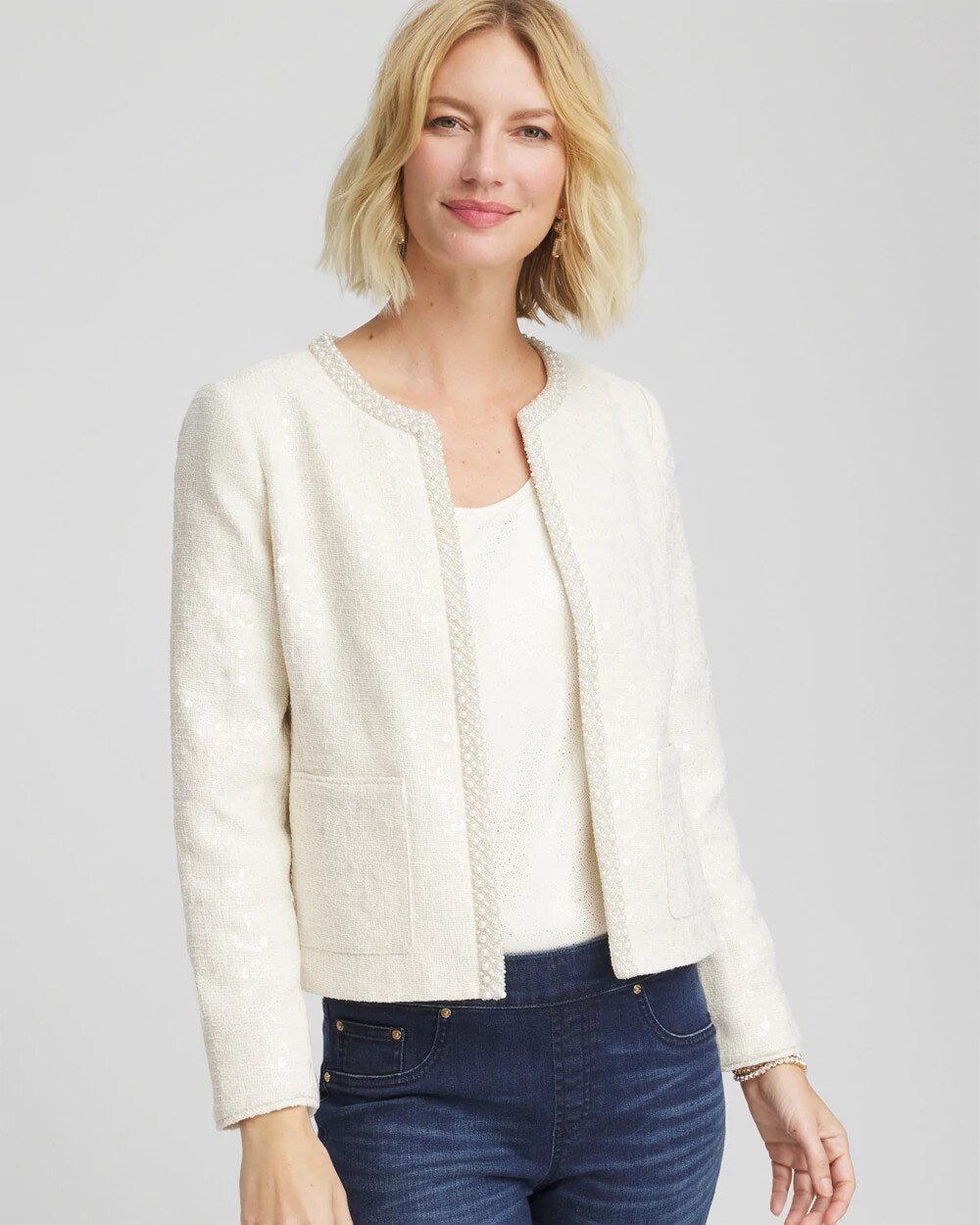 Chico's Clothing Pearl Trim Tweed Jacket