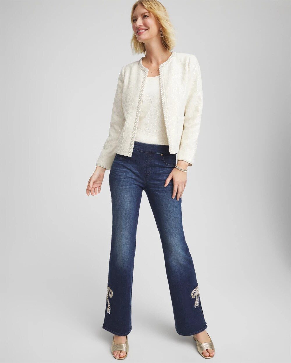 Chico's Clothing Pearl Trim Tweed Jacket