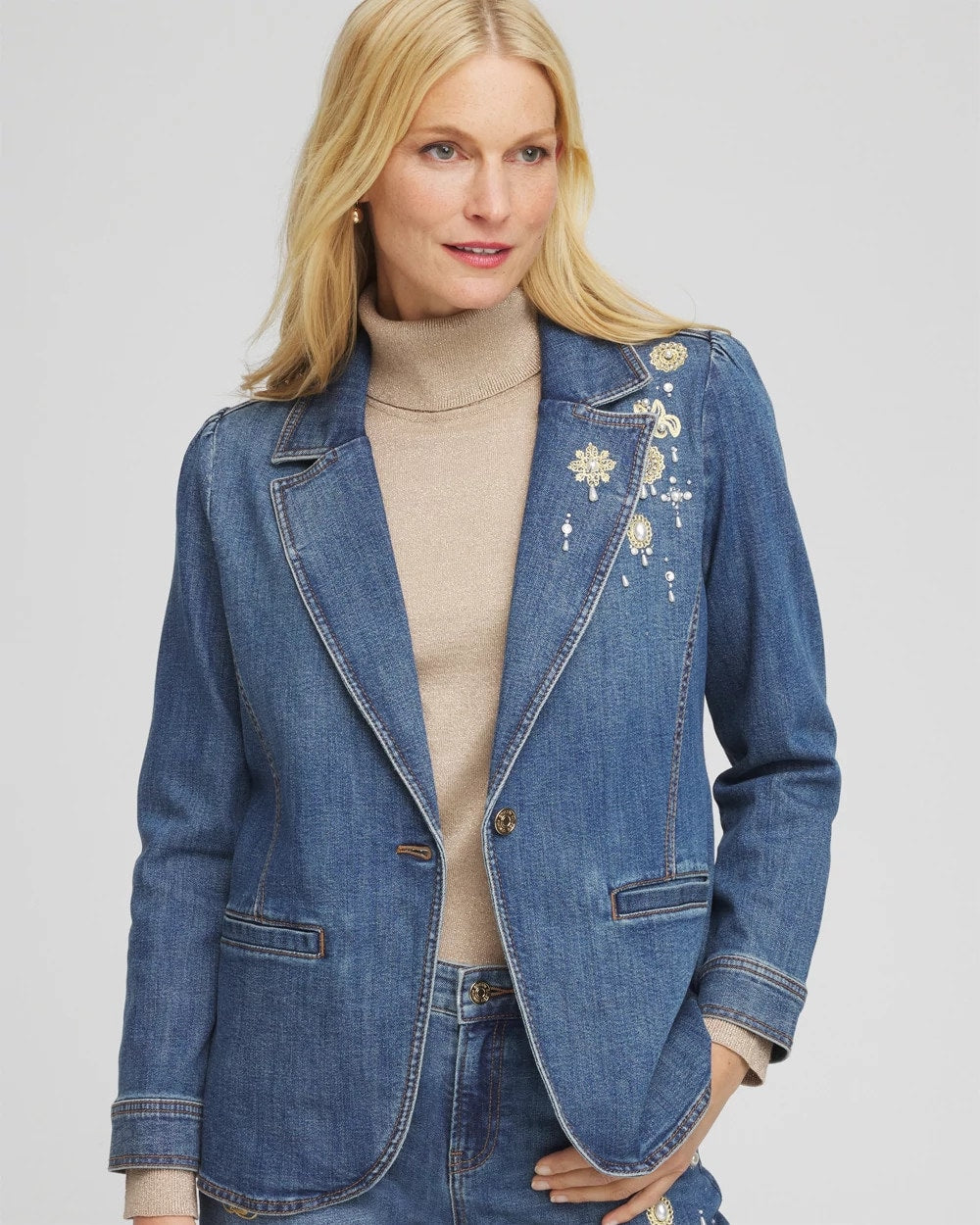 Chico's Clothing Pearl Brooch Denim Blazer