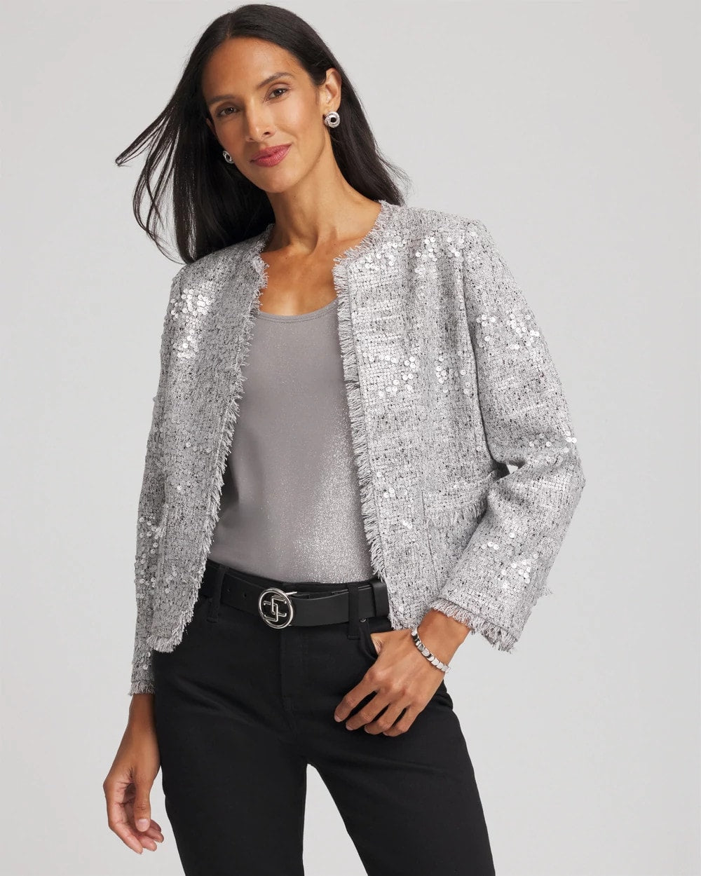 Chico's Clothing Silver Sequins Tweed Jacket
