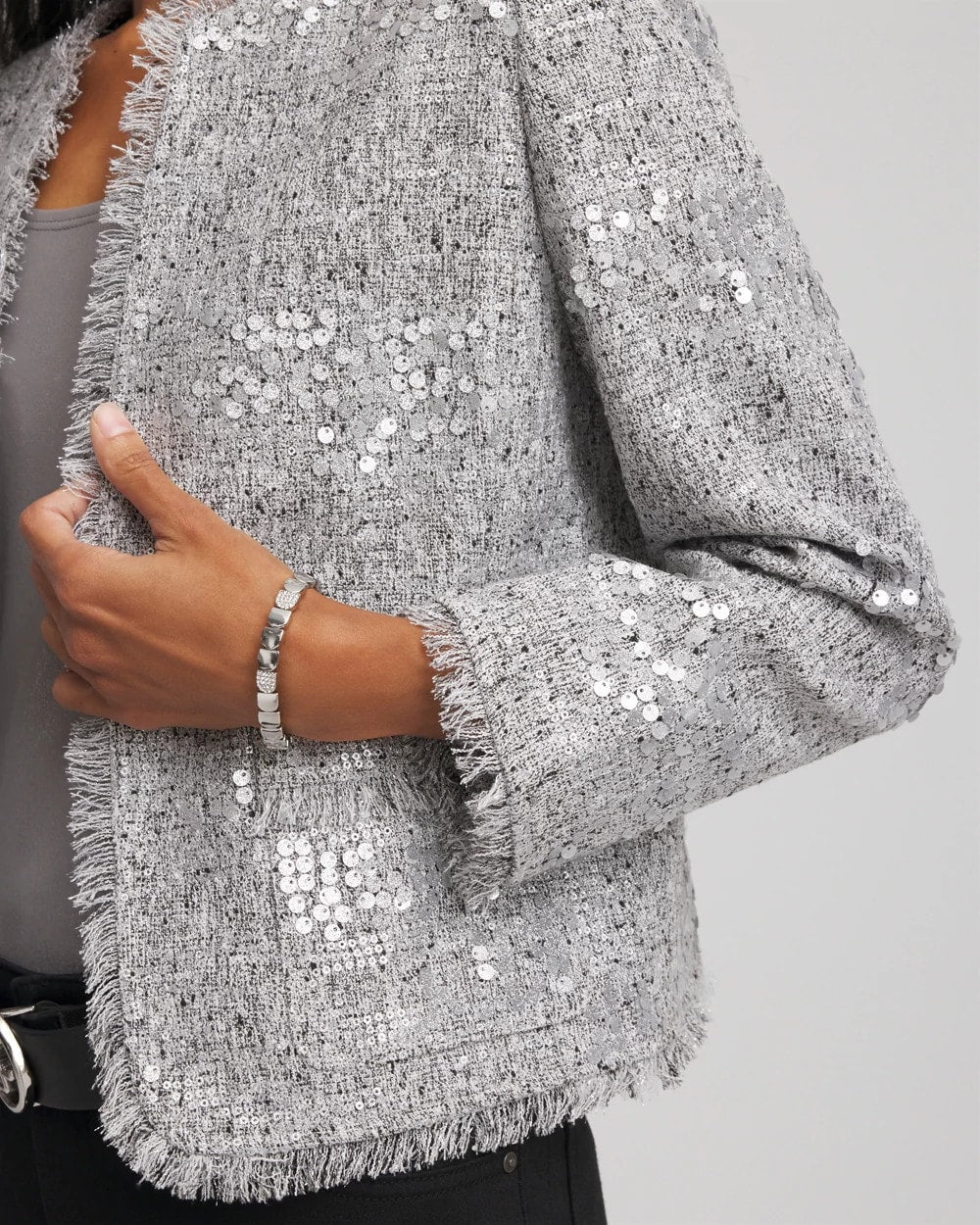 Chico's Clothing Silver Sequins Tweed Jacket