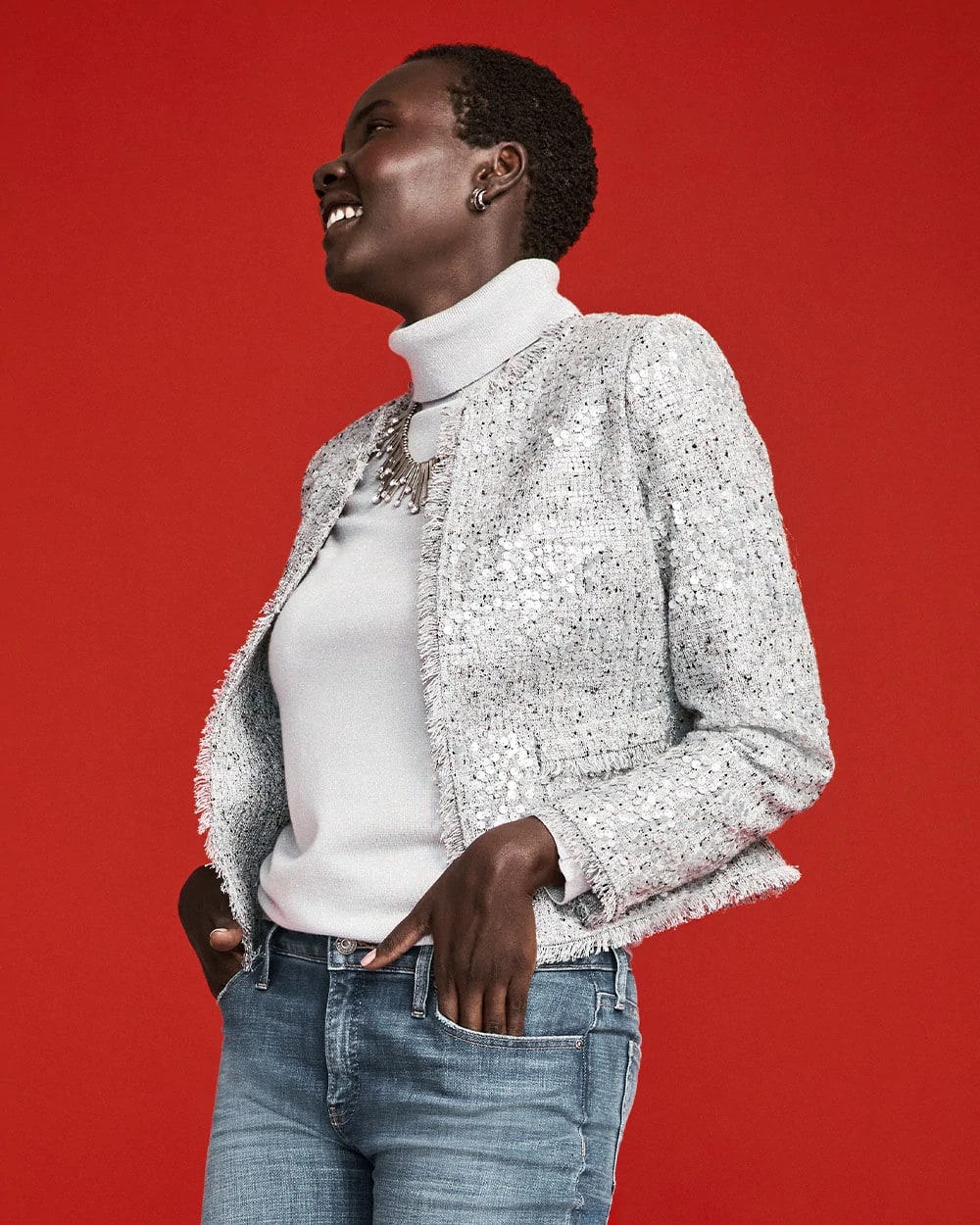 Chico's Clothing Silver Sequins Tweed Jacket