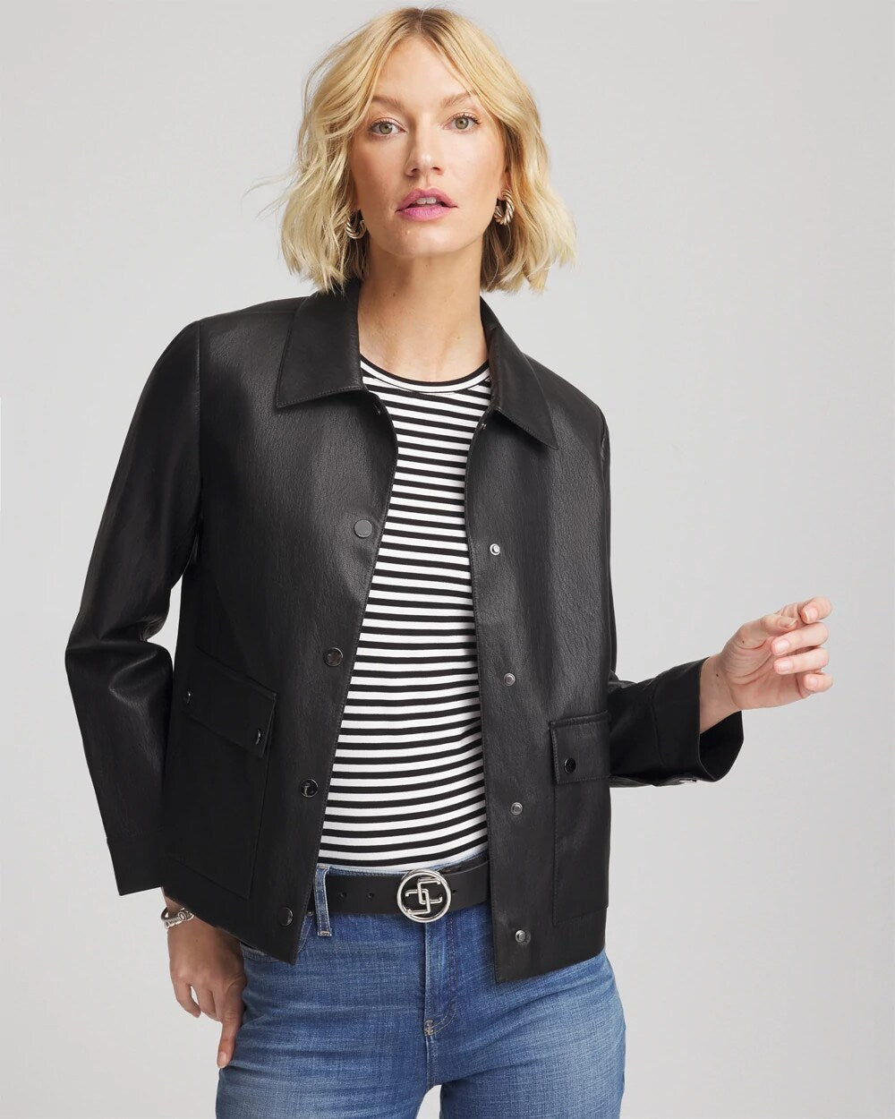 Chico's Clothing Snap Front Faux Leather Jacket
