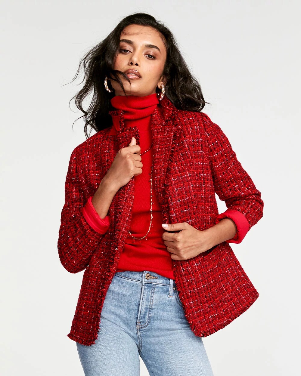 Chico's Clothing Red Tweed Sequins Blazer