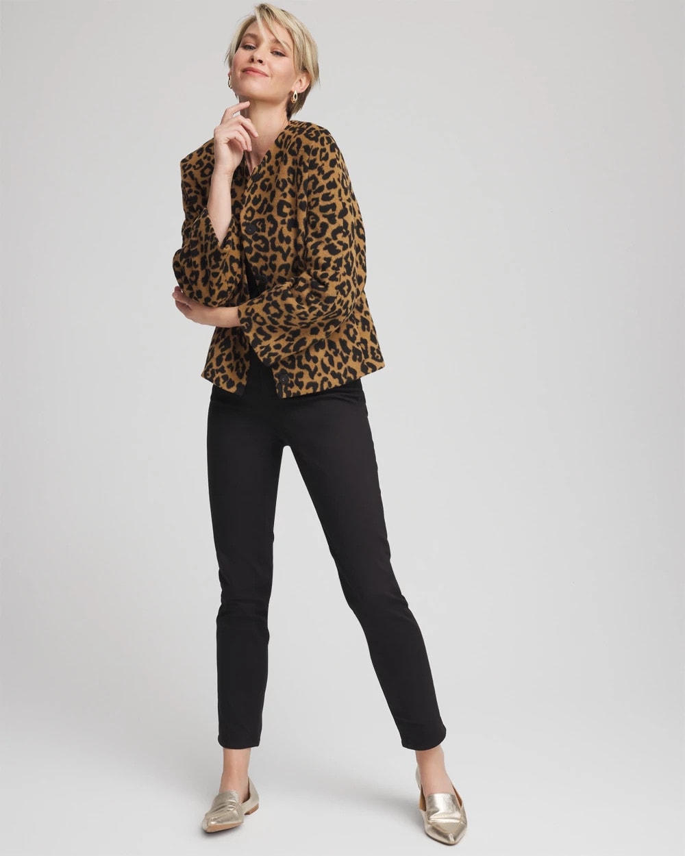 Chico's Clothing Fuzzy Collarless Animal Print Jacket