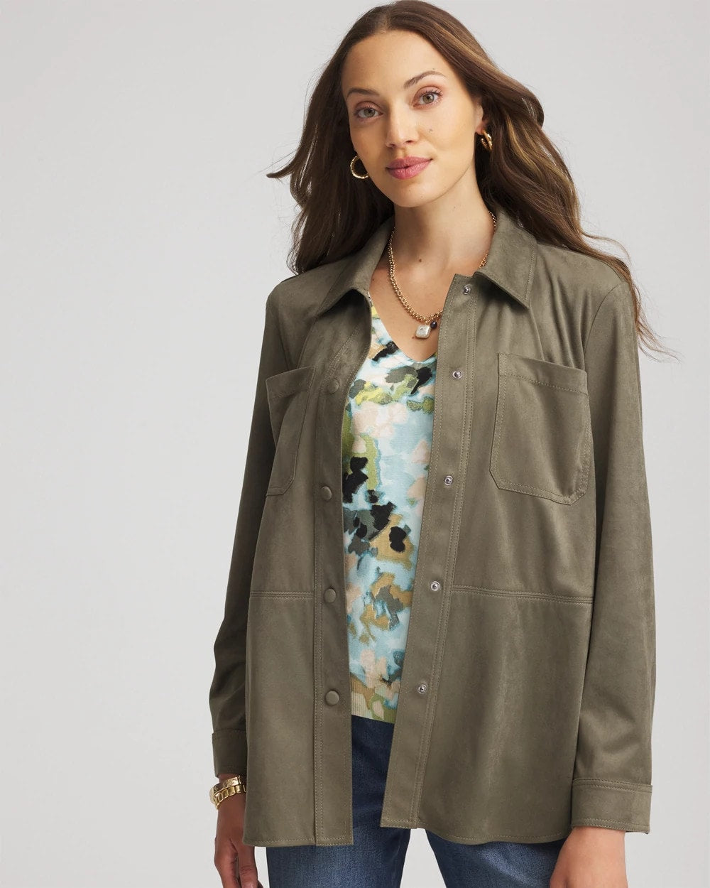 Chico's Clothing Suede Collared Long-Sleeved Shacket
