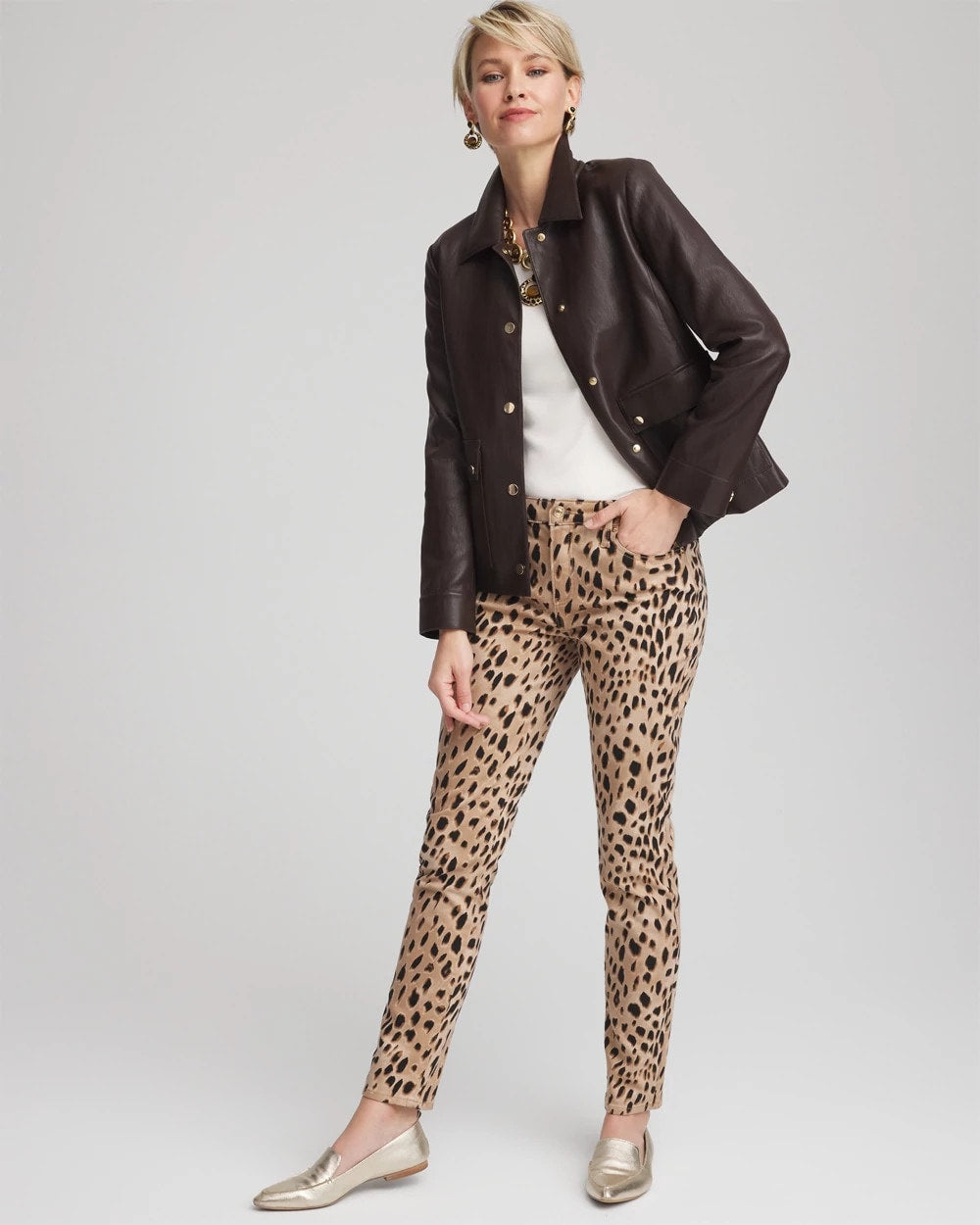 Chico's Clothing Snap Front Faux Leather Jacket