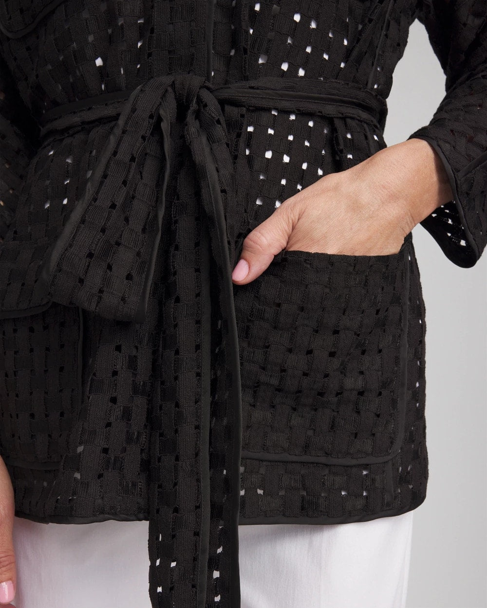 Chico's Clothing Open-Stitch Tie-Front Kimono Jacket