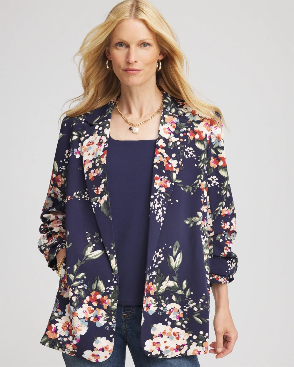 Chico's Clothing Floral Ruched Sleeve Blazer