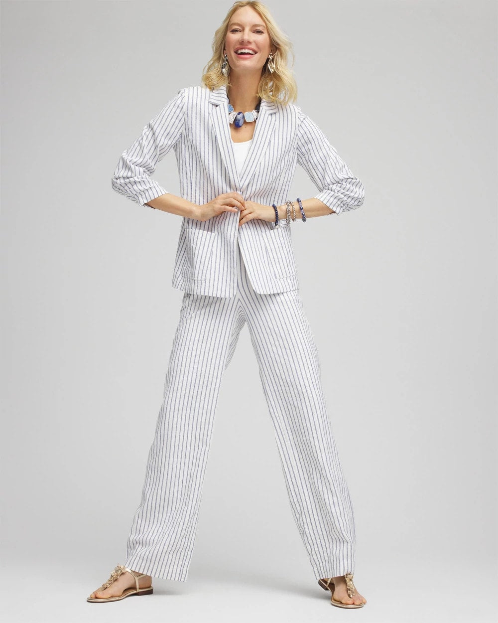 Chico's Clothing Striped Linen Stretch Blazer