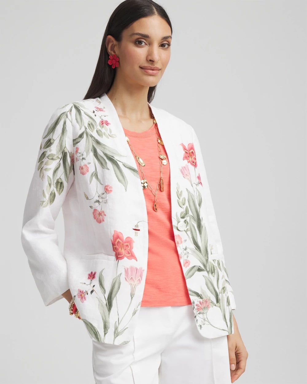 Chico's Clothing Floral Linen Non-Stretch Blazer