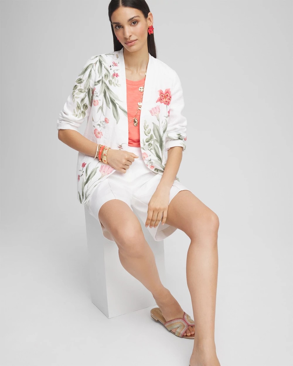 Chico's Clothing Floral Linen Non-Stretch Blazer