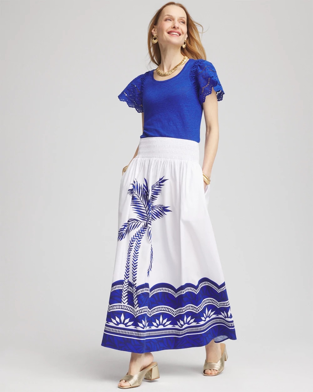 Chico's Clothing Tropical Smocked Waist Pull-On Skirt