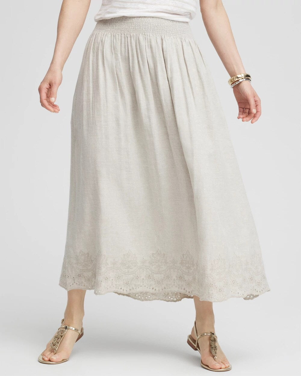 Chico's Clothing Linen Embroidered Scallop Hem Skirt