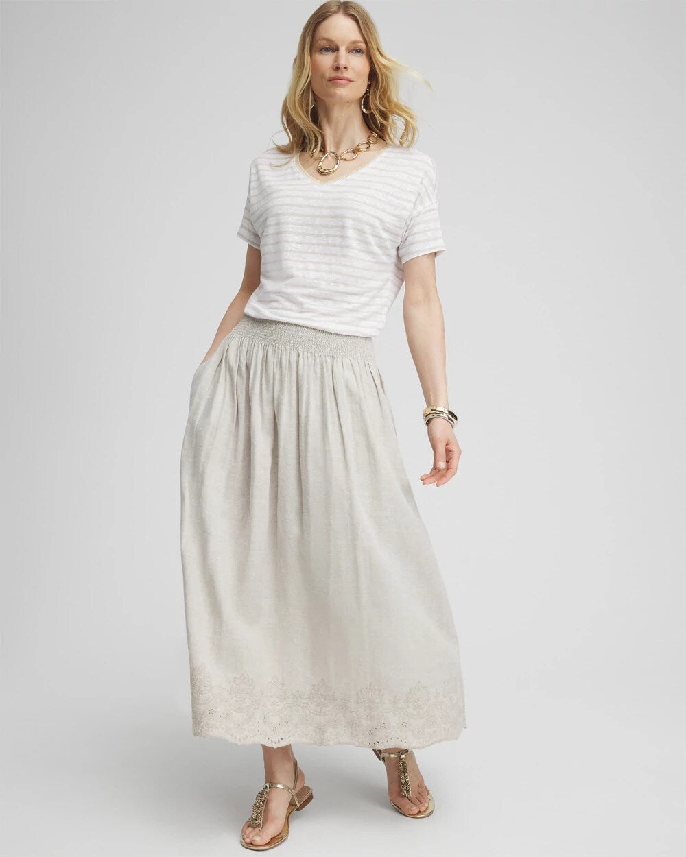Chico's Clothing Linen Embroidered Scallop Hem Skirt