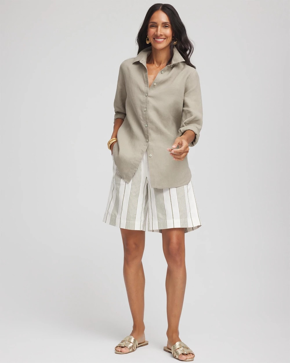 Chico's Clothing Striped Cotton-Linen Pull-On Utility Shorts