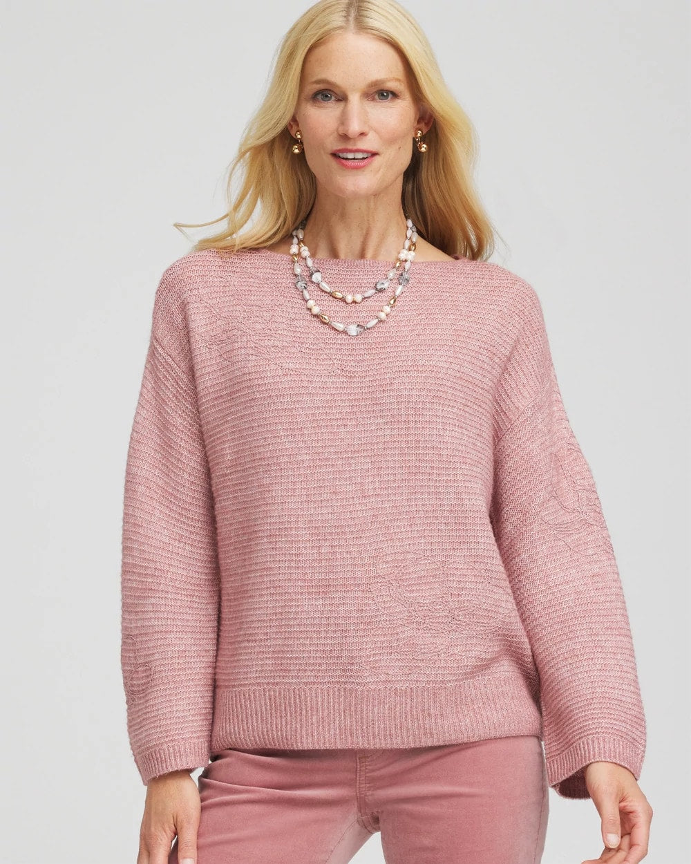 Chico's Clothing Tonal Embroidered Boatneck Pullover Sweater