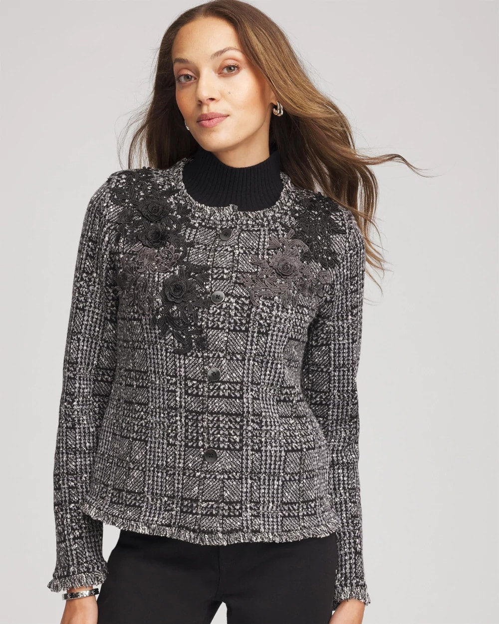 Chico's Clothing Embroidered Metallic Tweed Cardigan