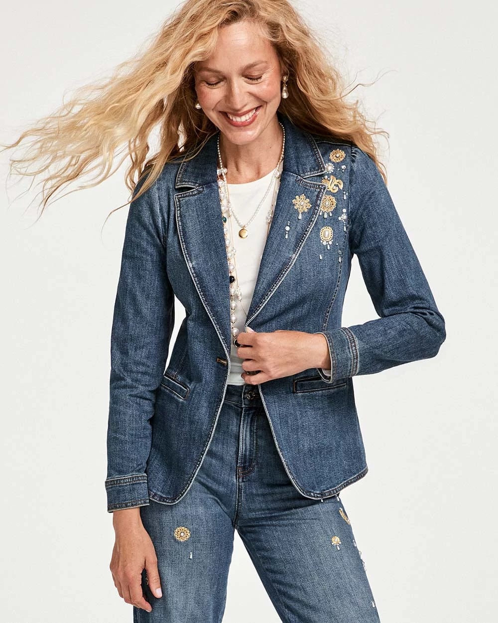 Chico's Clothing Pearl Brooch Denim Blazer
