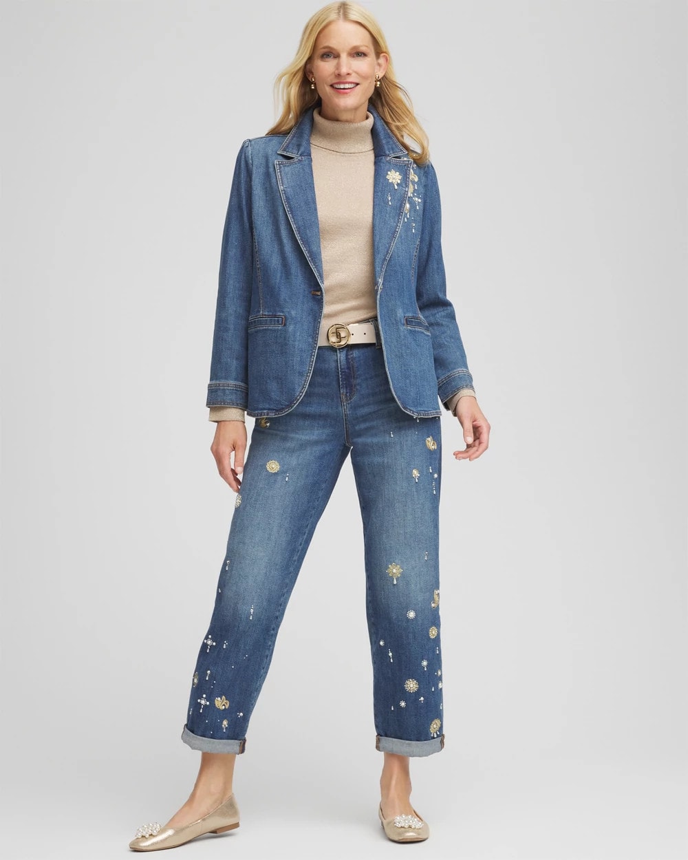 Chico's Clothing Pearl Brooch Denim Blazer