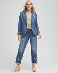 Chico's Clothing Pearl Brooch Denim Blazer