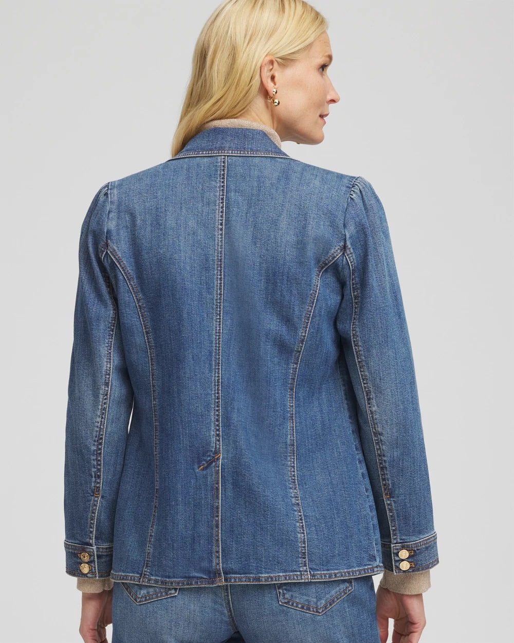 Chico's Clothing Pearl Brooch Denim Blazer