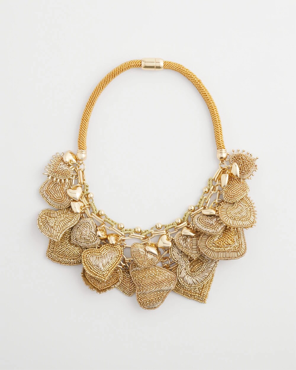Chico's Jewelry Gold Beaded Heart Charm Bib Necklace